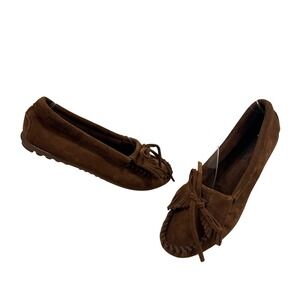 Minnetonka Kilty‎ Brown Suede Moccasins Womens Size 8 Fringe Bow Flats Boho